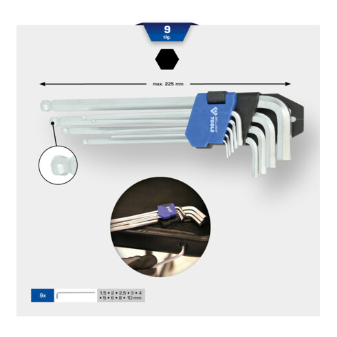 Brilliant Tools Winkelstiftschlüssel-Satz, 9-tlg, Innensechskant-Profil, lang