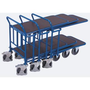 C+C Wagen, Stahl/Siebdruckplatte, Enzianblau/Dunkelbraun, 2 Etagen, L 1030 x B 600 mm, mit Längsstreben, TPE-Rollen mit Feststellbremse, bis 500 kg C+C Wagen, Stahl/Siebdruckplatte, Enzianblau/Dunkelbraun, 2 Etagen, L 1030 x B 600 mm, mit Längsstreben, TPE-Rollen mit Feststellbremse, bis 500 kg