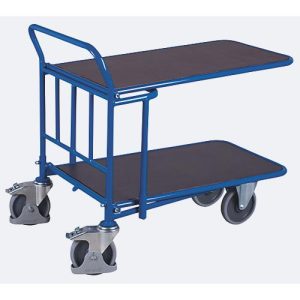 C+C Wagen, Stahl/Siebdruckplatte, Enzianblau/Dunkelbraun, 2 Etagen, L 1030 x B 700 mm, mit Längsstreben, TPE-Rollen mit Feststellbremse, bis 500 kg