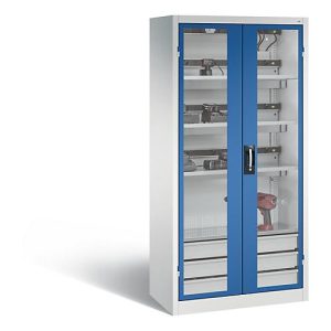 C+P Akkuladeschrank Comfort mit Sichtfenster aus Acrylglas, H 1950 x B 930 x T 500 mm, Lichtgrau/Enzianblau C+P Akkuladeschrank Comfort mit Sichtfenster aus Acrylglas, H 1950 x B 930 x T 500 mm, Lichtgrau/Enzianblau
