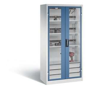 C+P Akkuladeschrank Comfort mit Sichtfenster aus Acrylglas, H 1950 x B 930 x T 500 mm, Lichtgrau/Fernblau C+P Akkuladeschrank Comfort mit Sichtfenster aus Acrylglas, H 1950 x B 930 x T 500 mm, Lichtgrau/Fernblau