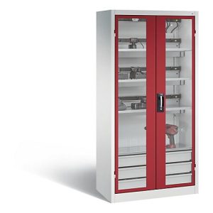 C+P Akkuladeschrank Comfort mit Sichtfenster aus Acrylglas, H 1950 x B 930 x T 500 mm, Lichtgrau/Rubinrot C+P Akkuladeschrank Comfort mit Sichtfenster aus Acrylglas, H 1950 x B 930 x T 500 mm, Lichtgrau/Rubinrot