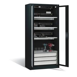 C+P Akkuladeschrank Comfort mit Sichtfenster aus Acrylglas und Schubladenblock, H 1950 x B 930 x T 500 mm, Anthrazit/Lichtgrau C+P Akkuladeschrank Comfort mit Sichtfenster aus Acrylglas und Schubladenblock, H 1950 x B 930 x T 500 mm, Anthrazit/Lichtgrau