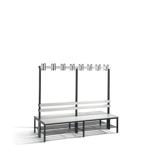 C+P Doppelseitige Garderobenbank Basic mit Schuhrost, H1650xB1960xT756mm, Schwarzgrau/Lichtgrau