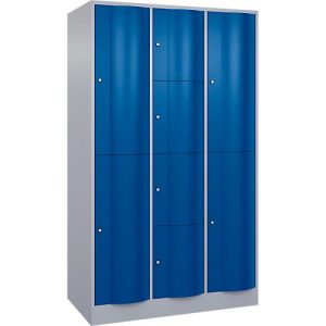 C+P Kombi-Schließfachschrank Resisto, 3 Abteile, 10 Fächer, B 1148 x T 640 x H 1950 mm,Weißalu/Enzianblau