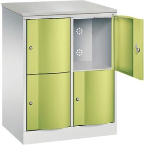 C+P Schließfachschrank Resisto, 2 Abteile, 4 Fächer, B 772 x T 540 x H 1077 mm, Lichtgrau/Clowngrün