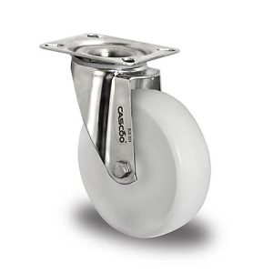 CASCOO Edelstahl-Lenkrolle N0N0, mit Rad-ø 100 mm x B 36 mm, Polyamid-Felge, Polyamid-Lauffläche, natur/weiß, Edelstahl-Gleitlager, bis 150 kg CASCOO Edelstahl-Lenkrolle N0N0, mit Rad-ø 100 mm x B 36 mm, Polyamid-Felge, Polyamid-Lauffläche, natur/weiß, Edelstahl-Gleitlager, bis 150 kg