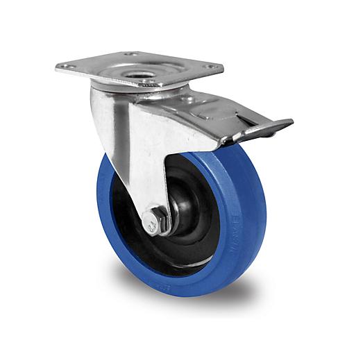 CASCOO Lenkrolle R4F1, mit Totalfeststeller, Rad-ø 125 mm x B 38 mm, Polyamid-Felge, Elastik-Lauffläche, blau, Rollenlager, bis 200 kg