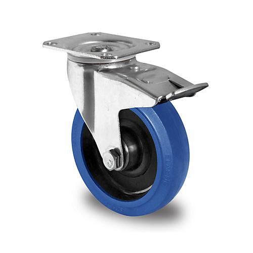 CASCOO Lenkrolle R4F1, mit Totalfeststeller, Rad-ø 200 mm x B 46 mm, Polyamid-Felge, Elastik-Lauffläche, blau, Rollenlager, bis 350 kg