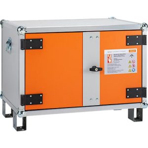 CEMO Akku-Lagerschrank 8/5 Basic, Flügeltür, LockEX Türverriegelung, feuerbeständig, mit Stapelfüßen, B 800 x T 660 x H 620 mm, lichtgrau/reinorange