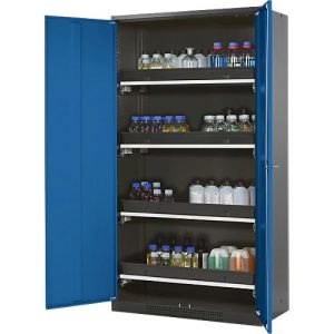 Chemikalienschrank Asecos CS-CLASSIC, Flügeltür, 4 Auszugswannen, 1055x520x1950 mm, enzianblau Chemikalienschrank Asecos CS-CLASSIC, Flügeltür, 4 Auszugswannen, 1055x520x1950 mm, enzianblau