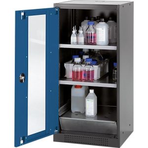Chemikalienschrank Asecos CS-CLASSIC-G, Flügeltür und Glasausschnitt, 2 Böden, H 1105 mm, enzianblau Chemikalienschrank Asecos CS-CLASSIC-G, Flügeltür und Glasausschnitt, 2 Böden, H 1105 mm, enzianblau