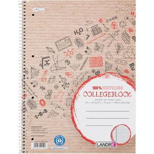 Collegeblock LANDRÉ Recycling, 80 Blatt, DIN A4+, 70 g/m², 4-fach gelocht, Spiralbindung, OPTIK PAPER®, kariert, Rand links, mehrfarbig Collegeblock LANDRÉ Recycling, 80 Blatt, DIN A4+, 70 g/m², 4-fach gelocht, Spiralbindung, OPTIK PAPER®, kariert, Rand links, mehrfarbig