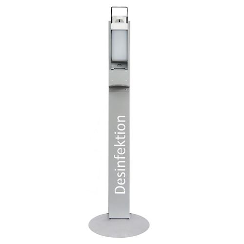 Desinfektionsmittelspender, mit Bedienbügel & Tropfschale, bis 1000 ml, inkl. Leerflasche, Edelstahl, B 350 T 350 x H 1220 mm