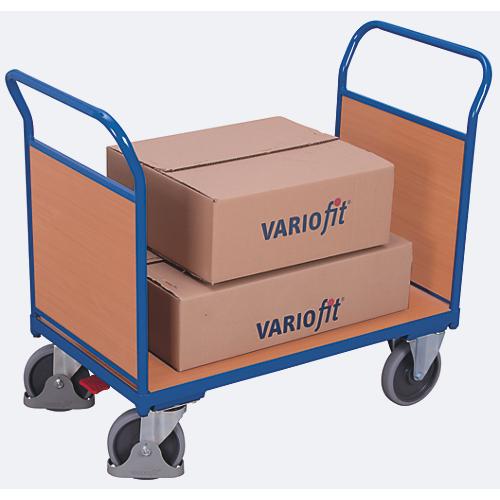 Doppel-Stirnwandwagen, Stahl/MDF-Platte, Enzianblau/Buche-Dekor, L 1000 x B 600 mm, Stirnwände aus MDF-Platte, TPE-Rollen mit EasySTOP, bis 500 kg
