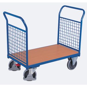 Doppel-Stirnwandwagen, Stahl/MDF-Platte, Enzianblau/Buche-Dekor, L 1200 x B 800 mm, Stirnwände aus Drahtgitter, TPE-Rollen mit EasySTOP, bis 500 kg Doppel-Stirnwandwagen, Stahl/MDF-Platte, Enzianblau/Buche-Dekor, L 1200 x B 800 mm, Stirnwände aus Drahtgitter, TPE-Rollen mit EasySTOP, bis 500 kg