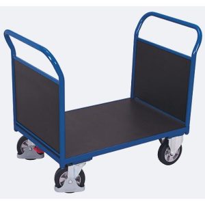 Doppel-Stirnwandwagen, Stahl/Siebdruckplatte, Enzianblau/Dunkelbraun, L 995 x B 700 mm, Sperrholz-Stirnwände, Vollgummi-Rollen mit EasySTOP, 1000 kg Doppel-Stirnwandwagen, Stahl/Siebdruckplatte, Enzianblau/Dunkelbraun, L 995 x B 700 mm, Sperrholz-Stirnwände, Vollgummi-Rollen mit EasySTOP, 1000 kg