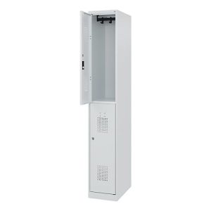 Doppelstöckiger Feuerwehrspind C+P Flexo White, 1 Abteil mit 2 Fächern, Bodengleiter, B 300 x T 500 x H 1850 mm, RAL 7035 Lichtgrau Doppelstöckiger Feuerwehrspind C+P Flexo White, 1 Abteil mit 2 Fächern, Bodengleiter, B 300 x T 500 x H 1850 mm, RAL 7035 Lichtgrau