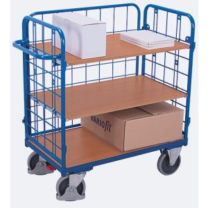 Drahtgitter-Etagenwagen, Stahl/MDF-Platte, Enzianblau/Buche-Dekor, 1 Etage, 1000 x 600 mm, einhängbare Längswand, EasySTOP, bis 500 kg Drahtgitter-Etagenwagen, Stahl/MDF-Platte, Enzianblau/Buche-Dekor, 1 Etage, 1000 x 600 mm, einhängbare Längswand, EasySTOP, bis 500 kg