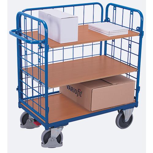 Drahtgitter-Etagenwagen, Stahl/MDF-Platte, Enzianblau/Buche-Dekor, 1 Etage, 1000 x 600 mm, einhängbare Längswand, EasySTOP, bis 500 kg