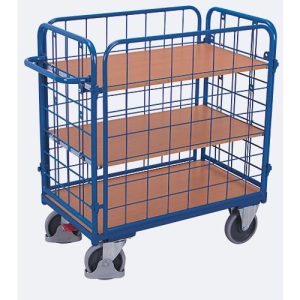 Drahtgitter-Etagenwagen, Stahl/MDF-Platte, Enzianblau/Buche-Dekor, 1 Etage, 850 x 500 mm, einhängbare Längswände, EasySTOP, bis 400 kg Drahtgitter-Etagenwagen, Stahl/MDF-Platte, Enzianblau/Buche-Dekor, 1 Etage, 850 x 500 mm, einhängbare Längswände, EasySTOP, bis 400 kg