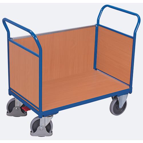 Dreiwandwagen, Stahl/MDF-Platte, Enzianblau/Buche-Dekor, L 1000 x B 675 mm, herausnehmbare Längswand, TPE-Rollen mit EasySTOP, bis 500 kg