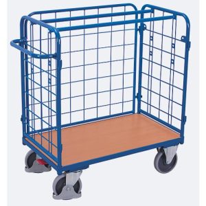 Dreiwandwagen, Stahl/MDF-Platte, Enzianblau/Buche-Dekor, L 850 x B 500 mm, Nutzhöhe 925 mm, einhängbare Längswand, EasySTOP, bis 400 kg Dreiwandwagen, Stahl/MDF-Platte, Enzianblau/Buche-Dekor, L 850 x B 500 mm, Nutzhöhe 925 mm, einhängbare Längswand, EasySTOP, bis 400 kg
