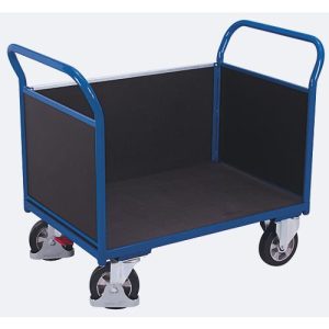 Dreiwandwagen, Stahl/Siebdruckplatte, Enzianblau/Dunkelbraun, L 995 x B 665 mm, herausnehmbare Längswand, Vollgummi-Rollen mit EasySTOP, bis 1000 kg Dreiwandwagen, Stahl/Siebdruckplatte, Enzianblau/Dunkelbraun, L 995 x B 665 mm, herausnehmbare Längswand, Vollgummi-Rollen mit EasySTOP, bis 1000 kg