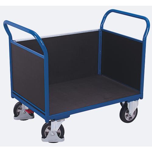 Dreiwandwagen, Stahl/Siebdruckplatte, Enzianblau/Dunkelbraun, L 995 x B 665 mm, herausnehmbare Längswand, Vollgummi-Rollen mit EasySTOP, bis 1000 kg
