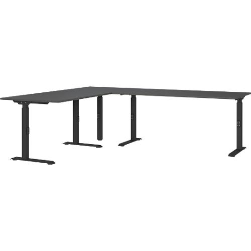 Eckschreibtisch Porto, mechanisch höheneinstellbar, C-Fuß, inkl. Ansatztisch mit Stützfuß, B 1200/1600 x T 2200 x H 680-910 mm, graphit/schwarz