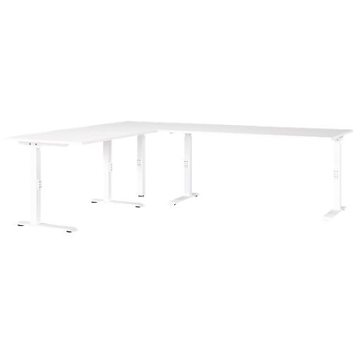Eckschreibtisch Porto, mechanisch höheneinstellbar, C-Fuß, inkl. Ansatztisch mit Stützfuß, B 1200/1600 x T 2200 x H 680-910 mm, weiß/weiß