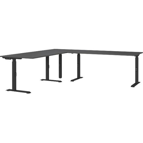 Eckschreibtisch Porto, mechanisch höheneinstellbar, C-Fuß, inkl. Ansatztisch mit Stützfuß, B 1400/1600 x T 2200 x H 680-910 mm, graphit/schwarz