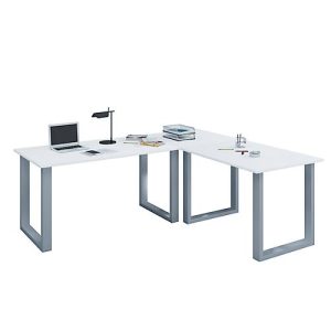 Eckschreibtisch, Winkel 90°, Bügelfuß, B 1900 x T 800/1600 x H 760 mm, weiß/silber Eckschreibtisch, Winkel 90°, Bügelfuß, B 1900 x T 800/1600 x H 760 mm, weiß/silber