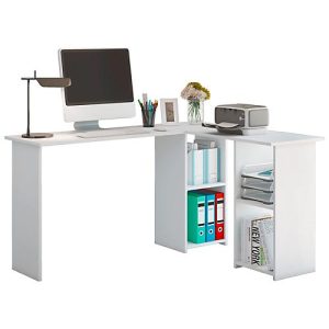 Eckschreibtisch, Winkel 90°, Wangenfuß, 4 Regalfächer, B 1360 x T 1120 x H 730 mm, weiß Eckschreibtisch, Winkel 90°, Wangenfuß, 4 Regalfächer, B 1360 x T 1120 x H 730 mm, weiß