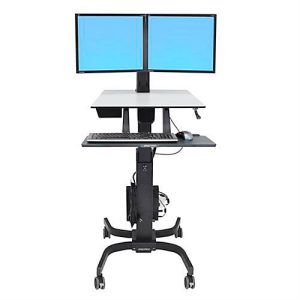 ergotron® WorkFit-C Dual Steh-Sitz-Arbeitsplatz, Arbeitsfläche, höhenverstellbarer Duo-Monitorarm & Tastaturablage, Kabelmanagement, schwarz-grau