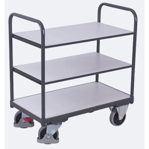 ESD-Etagenwagen, Stahl/Spanplatte, Graphitgrau/ Lichtgrau, 3 Etagen, 1000 x 600 mm, EasySTOP, bis 250 kg ESD-Etagenwagen, Stahl/Spanplatte, Graphitgrau/ Lichtgrau, 3 Etagen, 1000 x 600 mm, EasySTOP, bis 250 kg