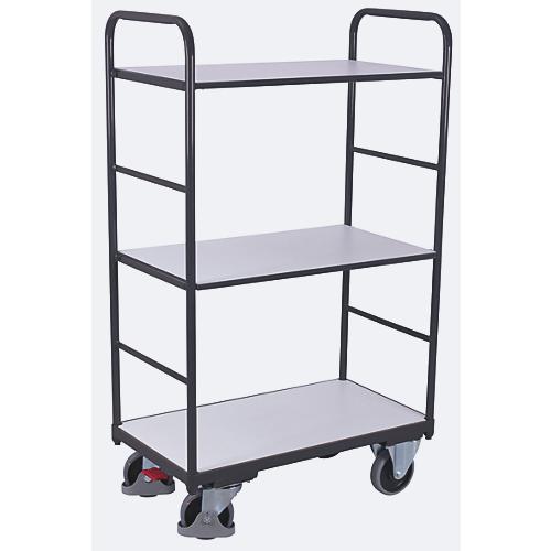 ESD-Etagenwagen, Stahl/Spanplatte, Graphitgrau/ Lichtgrau, 3 Etagen, 850 x 500 mm, EasySTOP, bis 250 kg