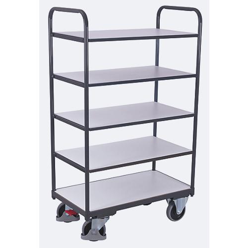 ESD-Etagenwagen, Stahl/Spanplatte, Graphitgrau/ Lichtgrau, 5 Etagen, 850 x 500 mm, EasySTOP, bis 250 kg