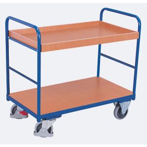 Etagenwagen, Stahl/MDF-Platte, Enzianblau/Buche-Dekor, 2 Etagen, 850 x 500 mm, EasySTOP, bis 250 kg