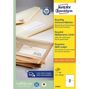 Etiketten AVERY® Zweckform, für Druckertyp Inkjet/Laser, rechteckig, nachhaltig, A4 Format, Papier, naturweiß, 200 Etiketten, B 1210 x H 148 mm Etiketten AVERY® Zweckform, für Druckertyp Inkjet/Laser, rechteckig, nachhaltig, A4 Format, Papier, naturweiß, 200 Etiketten, B 1210 x H 148 mm