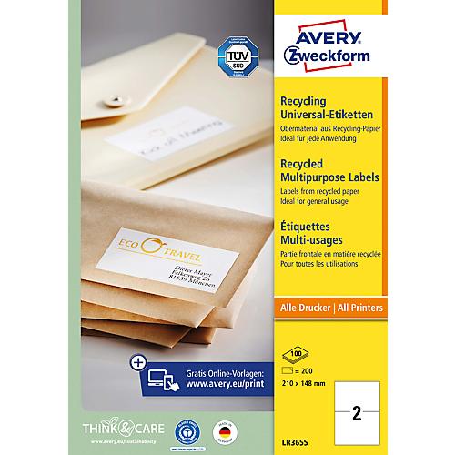 Etiketten AVERY® Zweckform, für Druckertyp Inkjet/Laser, rechteckig, nachhaltig, A4 Format, Papier, naturweiß, 200 Etiketten, B 1210 x H 148 mm