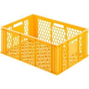 Euro Box Bäcker-Kasten, lebensmittelecht, Inhalt 47,8 L, durchbrochene Version, gelb-orange Euro Box Bäcker-Kasten, lebensmittelecht, Inhalt 47,8 L, durchbrochene Version, gelb-orange