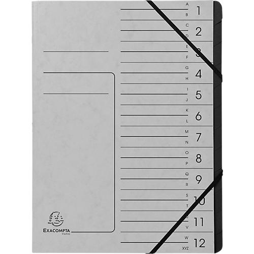 Exacompta Dokumentenmappe, DIN A4, Gummizugverschluss, Karton, 12 Fächer, grau