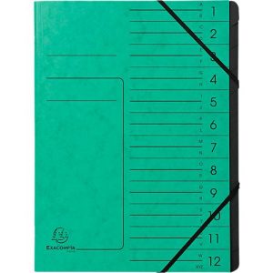 Exacompta Dokumentenmappe, DIN A4, Gummizugverschluss, Karton, 12 Fächer, grün Exacompta Dokumentenmappe, DIN A4, Gummizugverschluss, Karton, 12 Fächer, grün