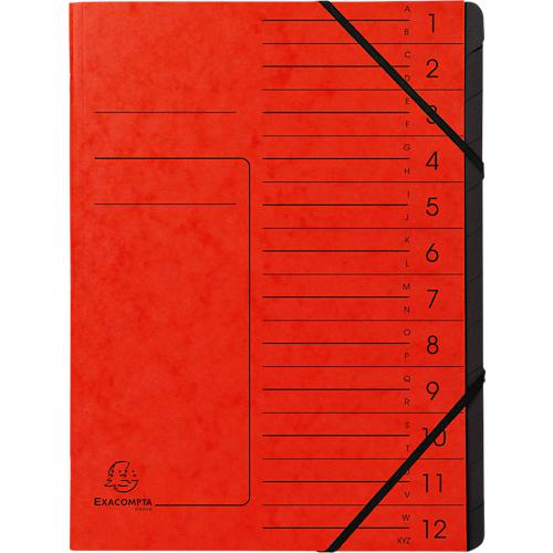 Exacompta Dokumentenmappe, DIN A4, Gummizugverschluss, Karton, 12 Fächer, rot