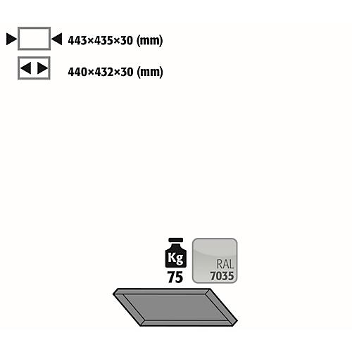 Fachboden Standard für asecos Druckgasflaschenschränke, Stahlblech, lichtgrau, B 443 x T 435 x H 30 mm, bis 75 kg