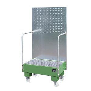 Fahrbare Auffangwanne LPW 60-2, mit Lochplattenwand, aus Stahl, Kapazität 2 x 60-Liter Fass, grün Fahrbare Auffangwanne LPW 60-2, mit Lochplattenwand, aus Stahl, Kapazität 2 x 60-Liter Fass, grün