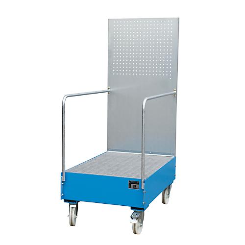 Fahrbare Auffangwanne mit Lochplattenwand, aus Stahl, Kapazität 2 x 200-Liter Fässer, blau lackiert