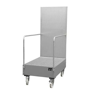 Fahrbare Auffangwanne mit Lochplattenwand, aus Stahl, Kapazität 2 x 200-Liter Fässer, grau lackiert Fahrbare Auffangwanne mit Lochplattenwand, aus Stahl, Kapazität 2 x 200-Liter Fässer, grau lackiert