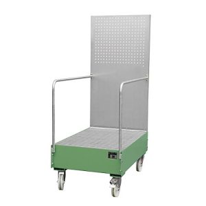 Fahrbare Auffangwanne mit Lochplattenwand, aus Stahl, Kapazität 2 x 200-Liter Fässer, grün lackiert Fahrbare Auffangwanne mit Lochplattenwand, aus Stahl, Kapazität 2 x 200-Liter Fässer, grün lackiert